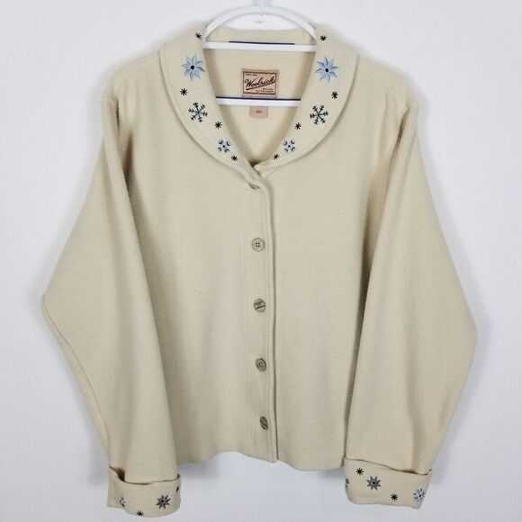 VTG Woolrich Women Cotton Blend Cardigan Size M Oatmeal Button Up Embroidered - Picture 1 of 6